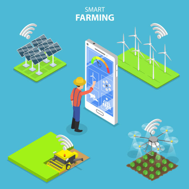 istock Isometric flat vector concept of smart farming, agricultural automation and robotics, farm data analysis and management. 1165113057