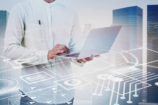 istock Man in shirt with laptop in city, interface 1165113946