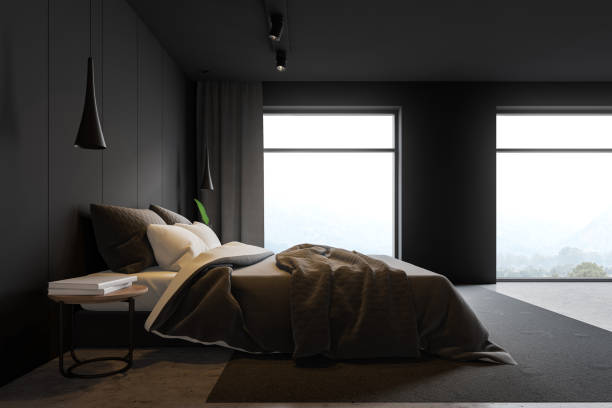 istock Side view of loft gray master bedroom 1165115208