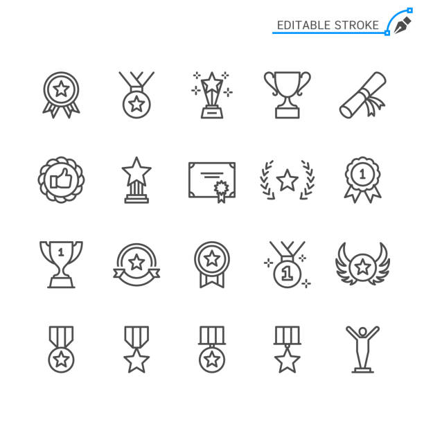 ilustraciones, imágenes clip art, dibujos animados e iconos de stock de iconos de línea de premios. trazo editable. píxel perfecto. - insignia símbolo ilustraciones