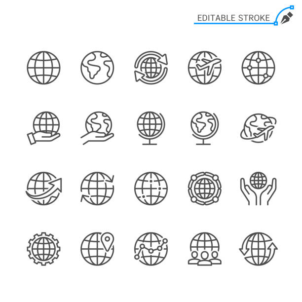globe-liniensymbole. bearbeitbarer strich. pixel perfekt. - computer icon airplane symbol transportation stock-grafiken, -clipart, -cartoons und -symbole