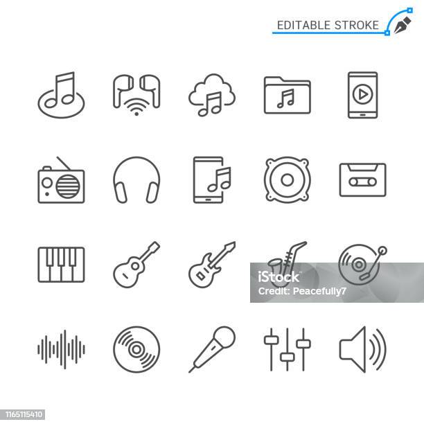 Иконки Музыкальной Линии Редактируемый Штрих Пиксель Совершенен — стоковая векторная графика и другие изображения на тему Иконка