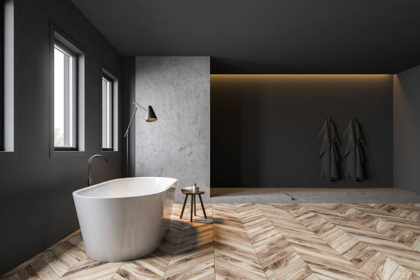 istock Gray bathroom interior, tub and shower 1165115543