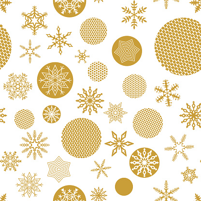 Christmas seamless pattern with trendy Golden snowflakes and faceted christmas tree balls on a white background. Simple geometric shapes retro design wallpaper, wrapping paper