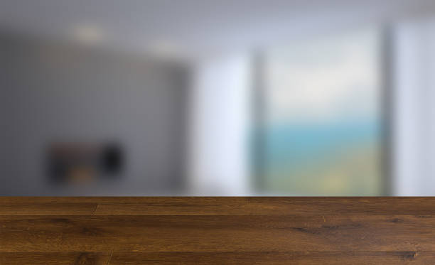 istock Empty interior with large window. Retro light bulb. The floor is of brown parquet.  3D rendering. wooden table. blurred background 1165116937