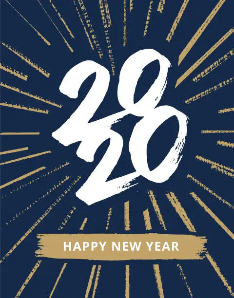 Vector illustration of hand-drawn New Year's card 2020 with fireworks