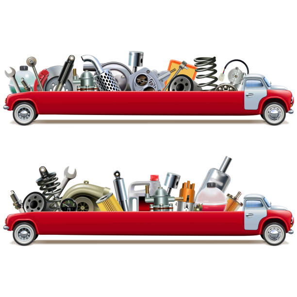 ilustrações, clipart, desenhos animados e ícones de caminhão longo do vetor com sobressalentes do carro - piston engine ball bearing work tool