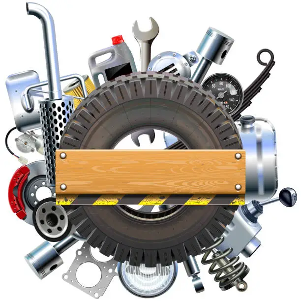 Vector illustration of Vector Board with Truck Wheel and Spares