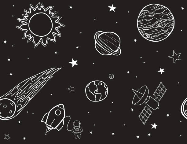 ilustrações de stock, clip art, desenhos animados e ícones de seamless geometric pattern - hand drawn - rocket earth planetary moon sky