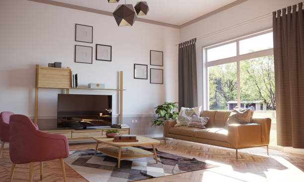 interior de la sala de estar minimalista - simple living fotografías e imágenes de stock