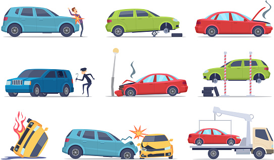 Accident on road. Car damaged vehicle insurance transportation theif repair service traffic vector pictures collection