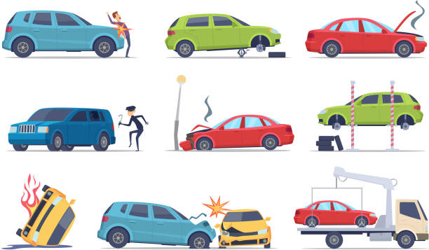 Accident on road. Car damaged vehicle insurance transportation theif repair service traffic vector pictures collection Accident on road. Car damaged vehicle insurance transportation theif repair service traffic vector pictures collection. Illustration of crash vehicle, damage auto broken car stock illustrations