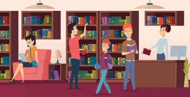 Vector illustration of Library background. Bookshelves in school biblioteca students chose a books vector pictures