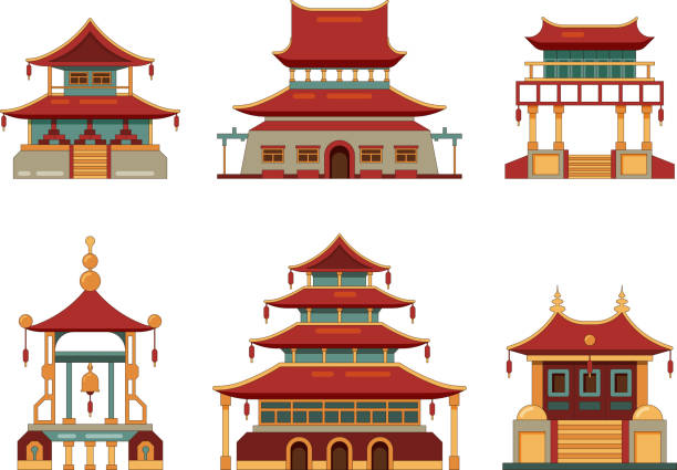 Traditional buildings. Japan and china cultural objects architecture pagoda gate palace heritage vector collection Traditional buildings. Japan and china cultural objects architecture pagoda gate palace heritage vector collection. Chinese building palace, oriental ancient architecture illustration pagoda stock illustrations