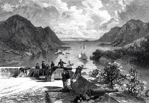 widok na hudsona, widziany z fort west point - old fashioned scenics engraving river stock illustrations