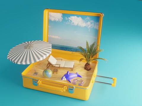 Travel Suitcase includes a beach, can be used holiday, vacation concepts. ( 3d render )