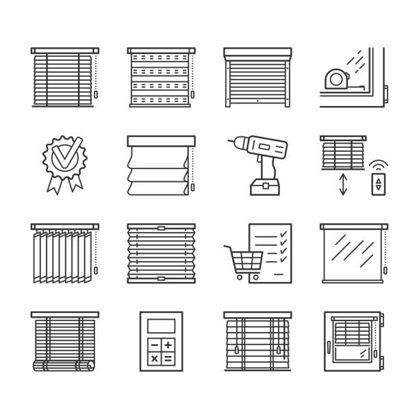 jalousie 선형 아이콘 세트입니다. 윈도우 블라인드 얇은 라인 편집 가능한 스트로크 벡터 기호 - metal door measuring work tool stock illustrations