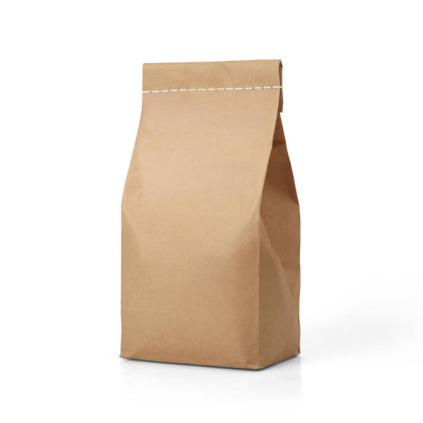 sacchetto di carta artigianale marrone con cucitura isolata su sfondo bianco. - coffee bag foto e immagini stock