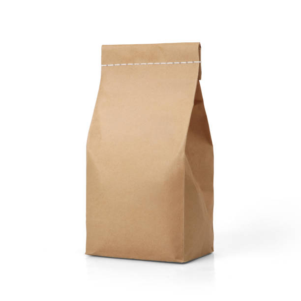 Brown craft paper bag with stitch sewing isolated on white background. Packaging template mockup collection. With clipping Path included. Stand-up pouch Front view package luxury craft stock pictures, royalty-free photos & images