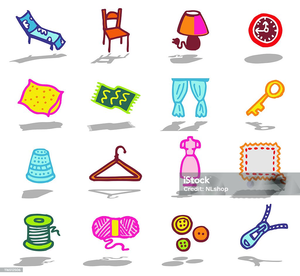 household theme vector hand-drawn color icons with shadow -  Ball Of Wool stock vector