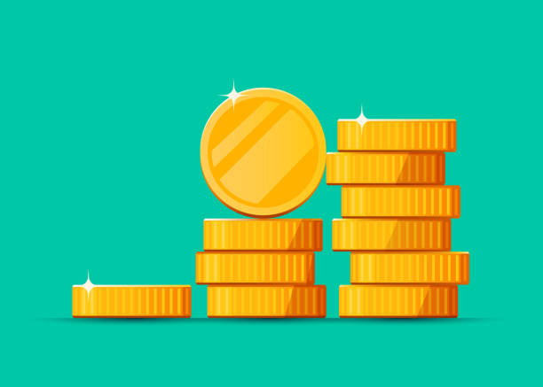 Growing stack of golden dollar coins isolated on white background. Economics concept. Growing stack of golden dollar coins background. Economics concept. Vector illustration coin stock illustrations