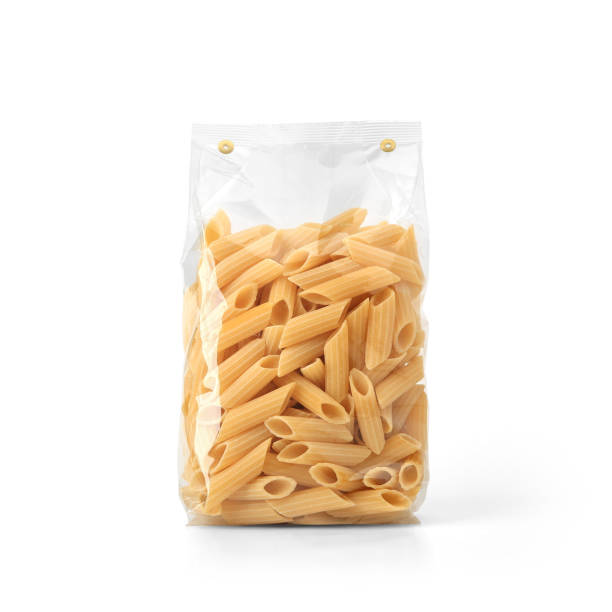 Transparent plastic pasta bag isolated on white background. Packaging template mockup collection. With clipping Path included. Stand-up Front view. Penne Rigate shape rigatoni stock pictures, royalty-free photos & images
