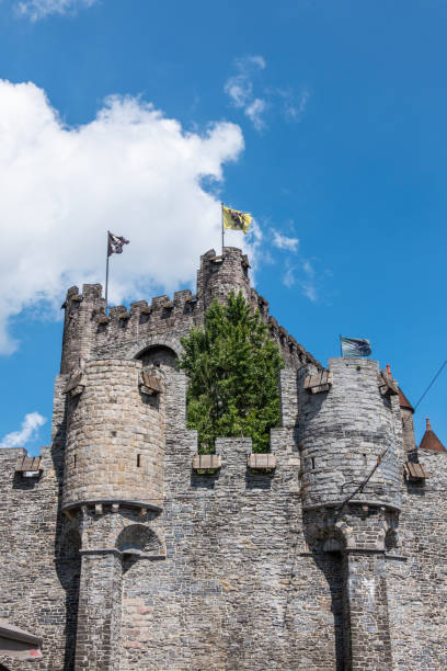 torre e muralhas do castelo de gent, flanders, bélgica. - castle gravensteen - fotografias e filmes do acervo