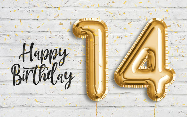 Happy 14th birthday gold foil balloon greeting white wall background. Happy 14th birthday gold foil balloon greeting white wall background. 14 years anniversary logo template- 14th celebrating with confetti. Photo stock. circa 14th century photos stock pictures, royalty-free photos & images