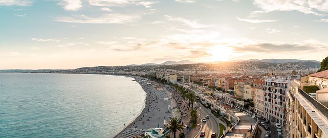 A sunset panorama over the city of Nice in France. A high angle view of the city while the sun is setting.