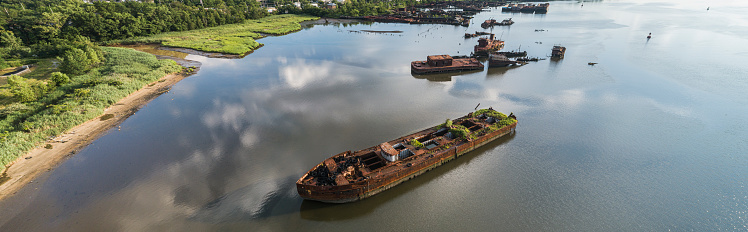 Staten Island Boat Graveyard. Aerial drone photo.