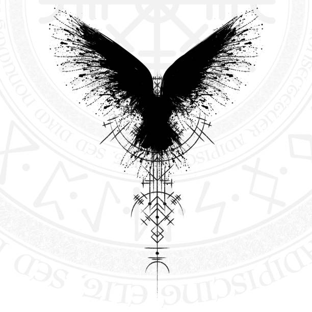 Black runic raven scandinavian symbol Black grunge bird silhouette with viking symbol on white background tattoo silhouettes stock illustrations