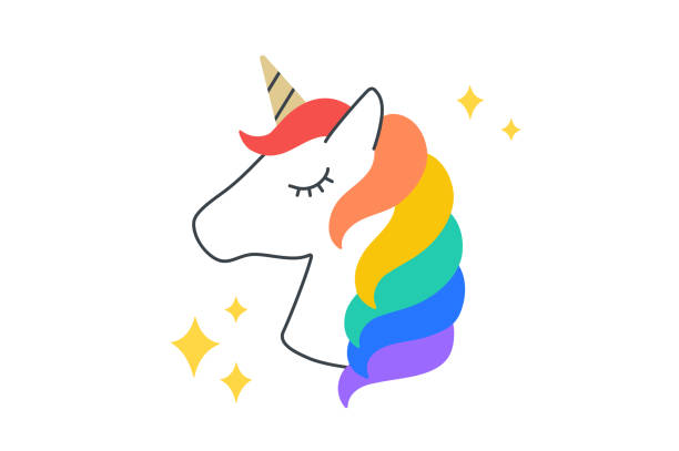 einhorn. spaß aufkleber. bunte spaß aufkleber - kopf einhorn - unicorn stock-grafiken, -clipart, -cartoons und -symbole