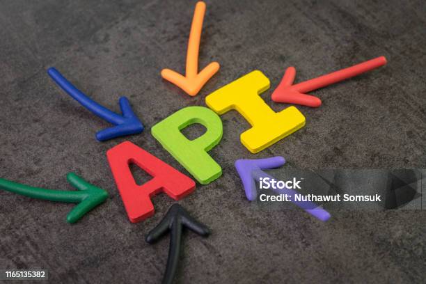 Api Application Programming Interface Concept Multi Color Arrows Pointing To The Word Api At The Center Of Black Cement Chalkboard Wall The Bridge To Connect And Sending Data Between Application Stock Photo - Download Image Now