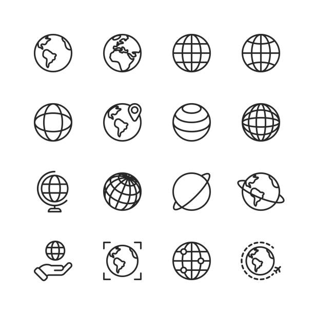 ilustraciones, imágenes clip art, dibujos animados e iconos de stock de iconos de globo y línea de comunicación. trazo editable. píxel perfecto. para móviles y web. contiene iconos como globo, mapa, navegación, negocio global, comunicación global. - globe