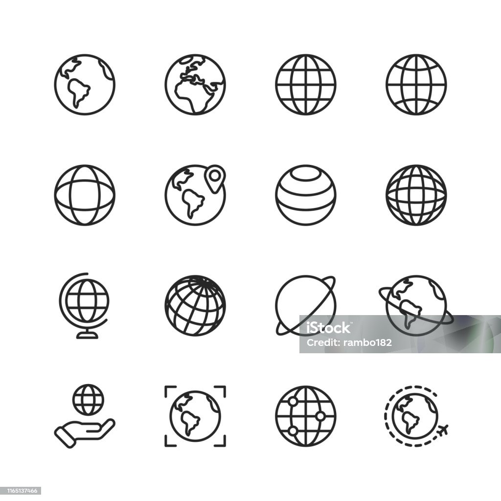 Icone di linee di globo e comunicazione. Tratto modificabile. Pixel Perfetto. Per dispositivi mobili e Web. Contiene icone come Globo, Mappa, Navigazione, Business globale, Comunicazione globale. - arte vettoriale royalty-free di Globo terrestre