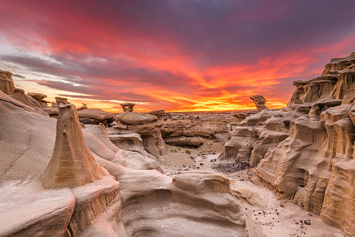 Bisti/De-Na-Zin Wilderness, New Mexico, USA at the Alien Throne rock formation just after sunset.