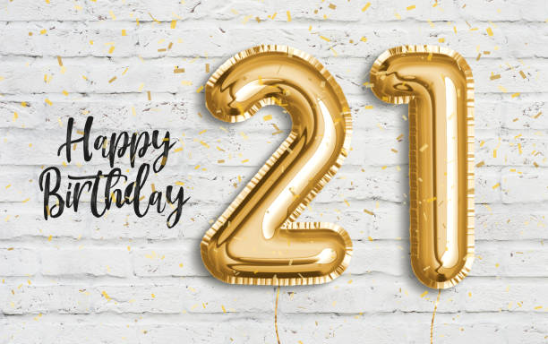istock Happy 21th birthday gold foil balloon greeting white wall background. 1165141601