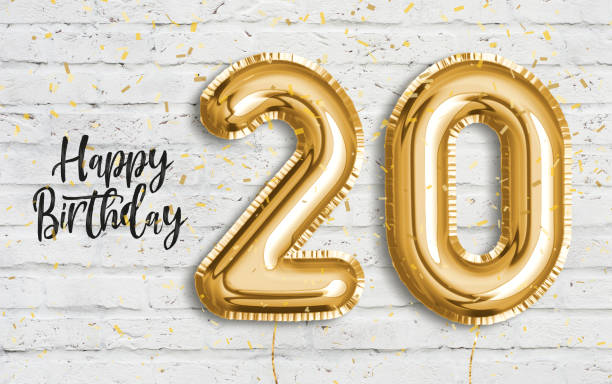 istock Happy 20th birthday gold foil balloon greeting white wall background. 1165141664