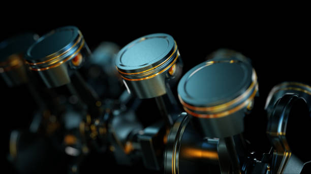 3d illustration of close-up of engine in slow motion, pistons and valves. - engine imagens e fotografias de stock