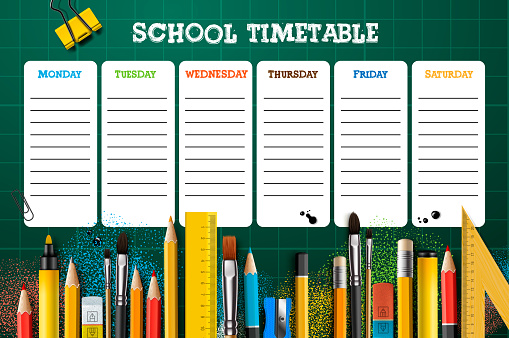 School timetable template for students or pupils. Vector Illustration
