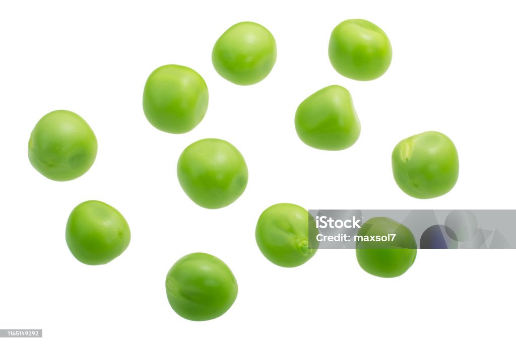 Pea seeds p. sativum, paths, top Pea seeds (Pisum sativum), fresh, isolated, top view Green Pea Stock Photo