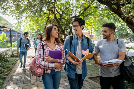 Jóvenes estudiantes en el campus universitario caminando a clase sosteniendo sus libros abiertos discutiendo algo photo