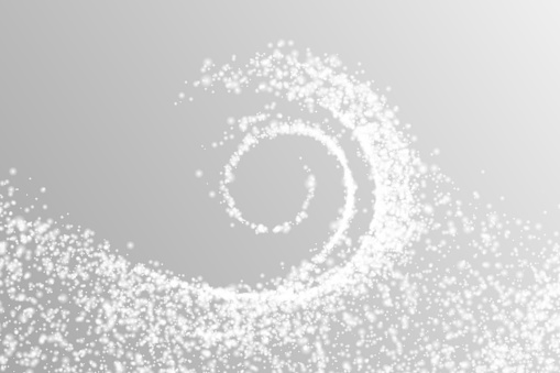 Sparkling glitter shine trail. Abstract light wave of white snow particles. Vector glittery twirl with shiny snowflakes