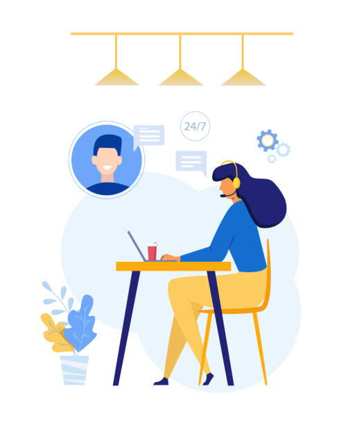 ilustrações de stock, clip art, desenhos animados e ícones de customer service and operator concept. vector character woman in flat style with headset consulting a client. company online technical support - setup operator