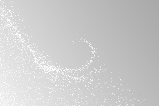 Sparkling glitter shine trail. Abstract light wave of white particles. Vector glittering twirl on light grey background