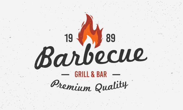 Barbecue vintage logo. BBQ grill logo, emblem, label with fire flame. Template for restaurant, cafe and steak house. Vector illustration Vector illustration chef cooking flames stock illustrations