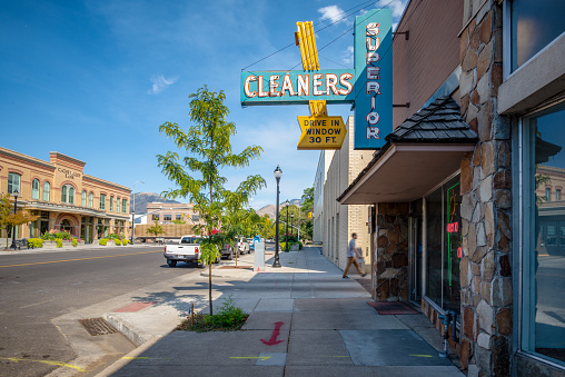 Logan, Utah, United States - August 31, 2018: Vintage commercial sign of a dry cleaning shop in the commercial district of Logan, Utah