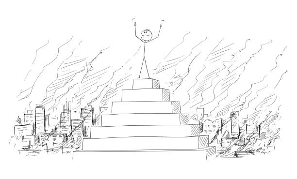 Vector Cartoon of Man or Businessman or Politician Celebrating His Triumph on the Peak of the Pyramid With Destroyed City Behind Vector cartoon stick figure drawing conceptual illustration of man or businessman or politician celebrating his victory or triumph on the peak of pyramid, with destroyed city in fire on background. drawing of the destroyed city stock illustrations