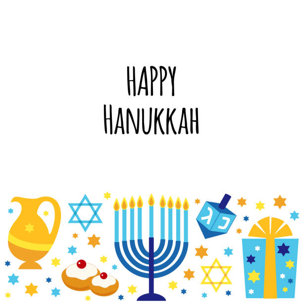 illustrazioni stock, clip art, cartoni animati e icone di tendenza di carino happy hanukkah, festival delle luci sfondo in stile piatto - hanukkah menorah dreidel judaism