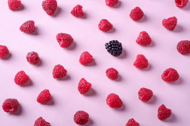 istock Raspberry sweet organic juicy berries with single blackberry, pattern, texture, on pink paper background, flat lay 1165168035